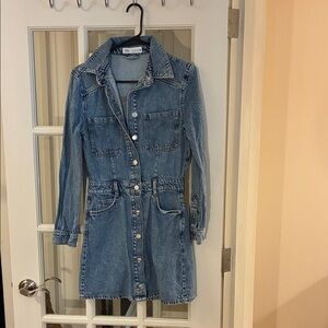 Zara Medium Blue Denim Button-Front Mini Dress